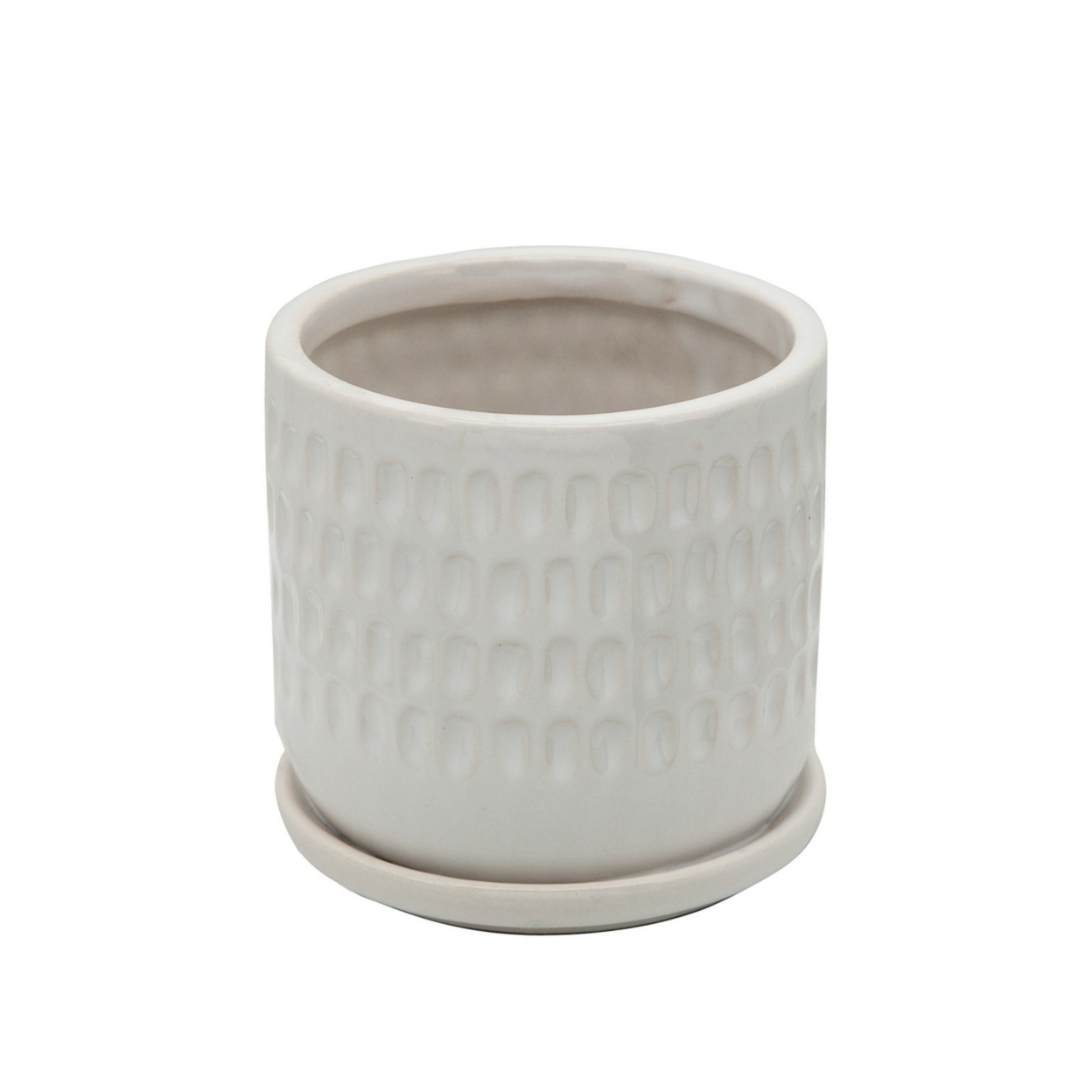 Ceramic Planter With Saucer And Hammered Design, Set Of 2, White- Saltoro Sherpi