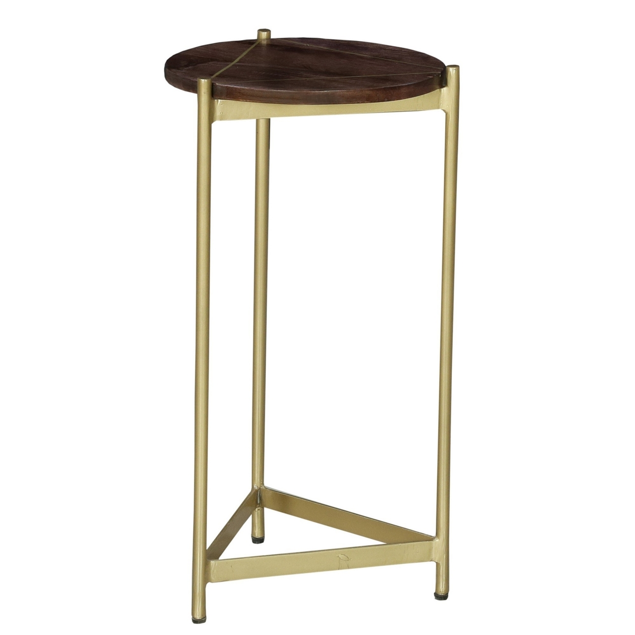 Corner Table With Round Wooden Top And Triangular Metal Base, Brown And Brass,Saltoro Sherpi