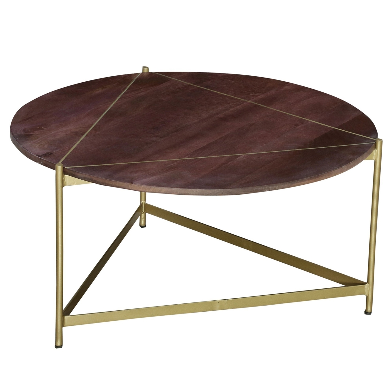 Ellis 32 Inch Round Wood Coffee Table With Brass Metal Base, Brown, Matte Gold, Saltoro Sherpi