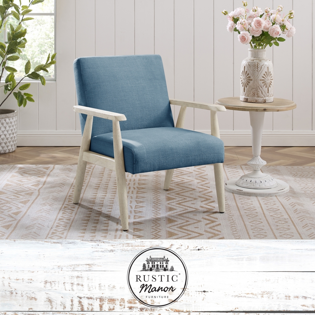 Vivianne Armchair-Upholstered-Square Arms-Sinuous Spring-For Living Room - light blue/cream