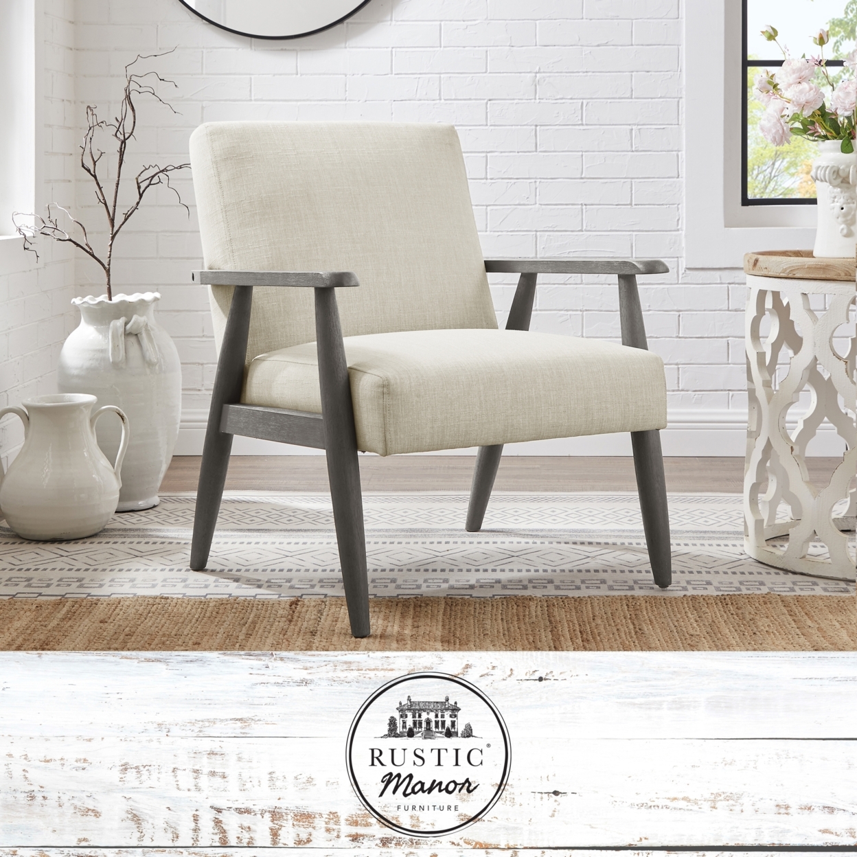 Vivianne Armchair-Upholstered-Square Arms-Sinuous Spring-For Living Room - beige/grey