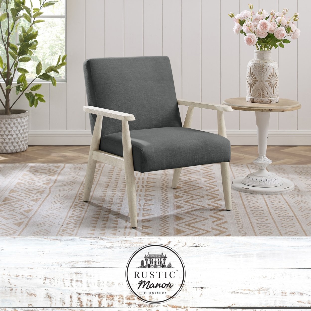 Vivianne Armchair-Upholstered-Square Arms-Sinuous Spring-For Living Room - charcoal/cream