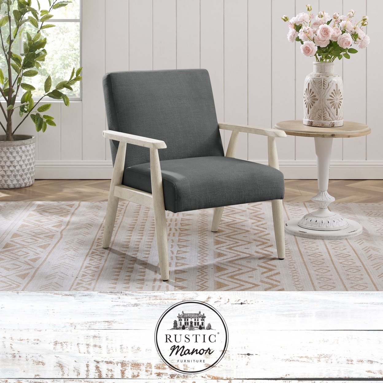 Vivianne Armchair-Upholstered-Square Arms-Sinuous Spring-For Living Room - Charcoal/cream