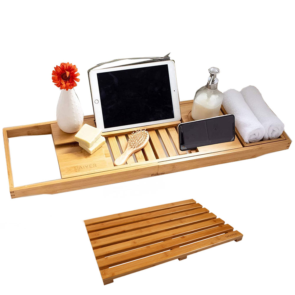 Vaiyer Set of 2 Bamboo Bath Set, Includes Extendable Bath Tray, Caddy Wooden Bath Tray, Table w Extending Sides & 21" Wide Non-Slip Bath Mat