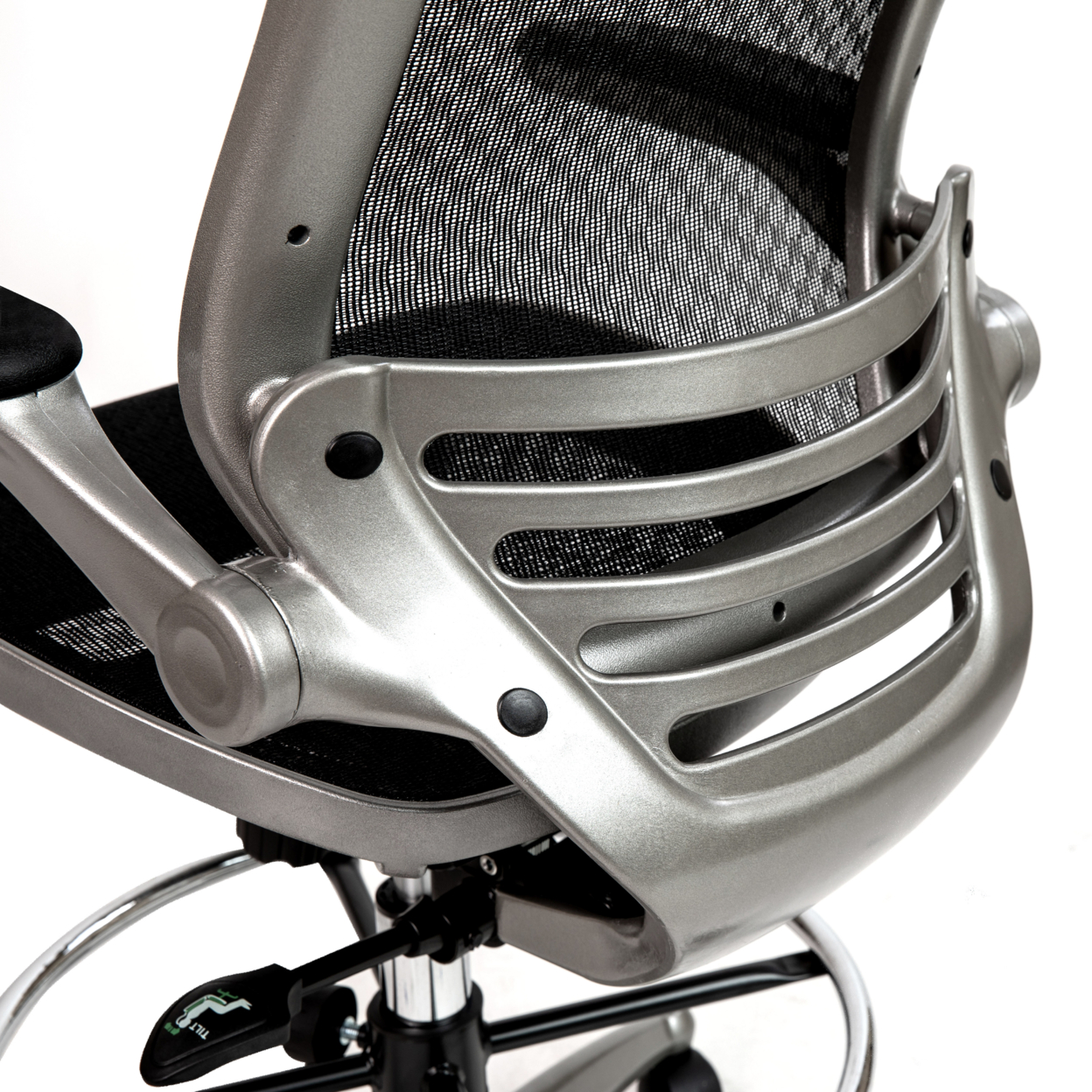 Mid-Back Transparent Black Mesh Drafting Chair With Graphite Silver Frame And Flip-Up Arms