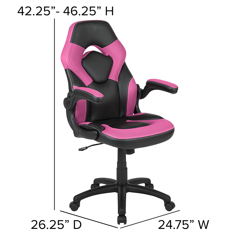 Black Gaming Desk And Pink And Black Racing Chair Set With Cup Holder, Headphone Hook & 2 Wire Management Holes