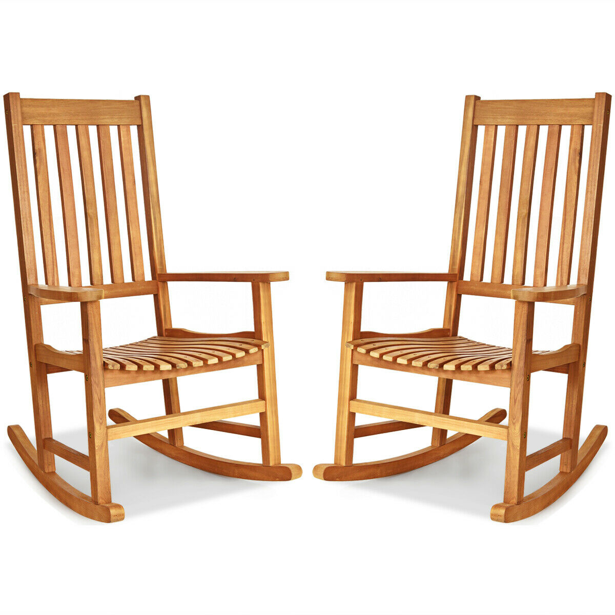 2PCS Wood Rocking Chair Porch Rocker High Back Garden Seat Indoor Outdoor - Teak