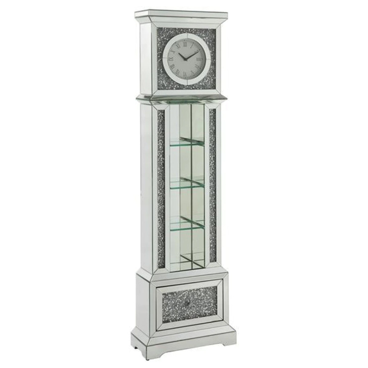 63 Inch Grandfather Clock, 4 Compartments, Square Shape, Mirror Frame, Chrome, Gray