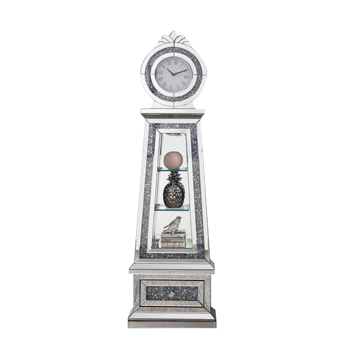 Mirrored Grandfather Clock With 3 Open Compartments, Silver- Saltoro Sherpi
