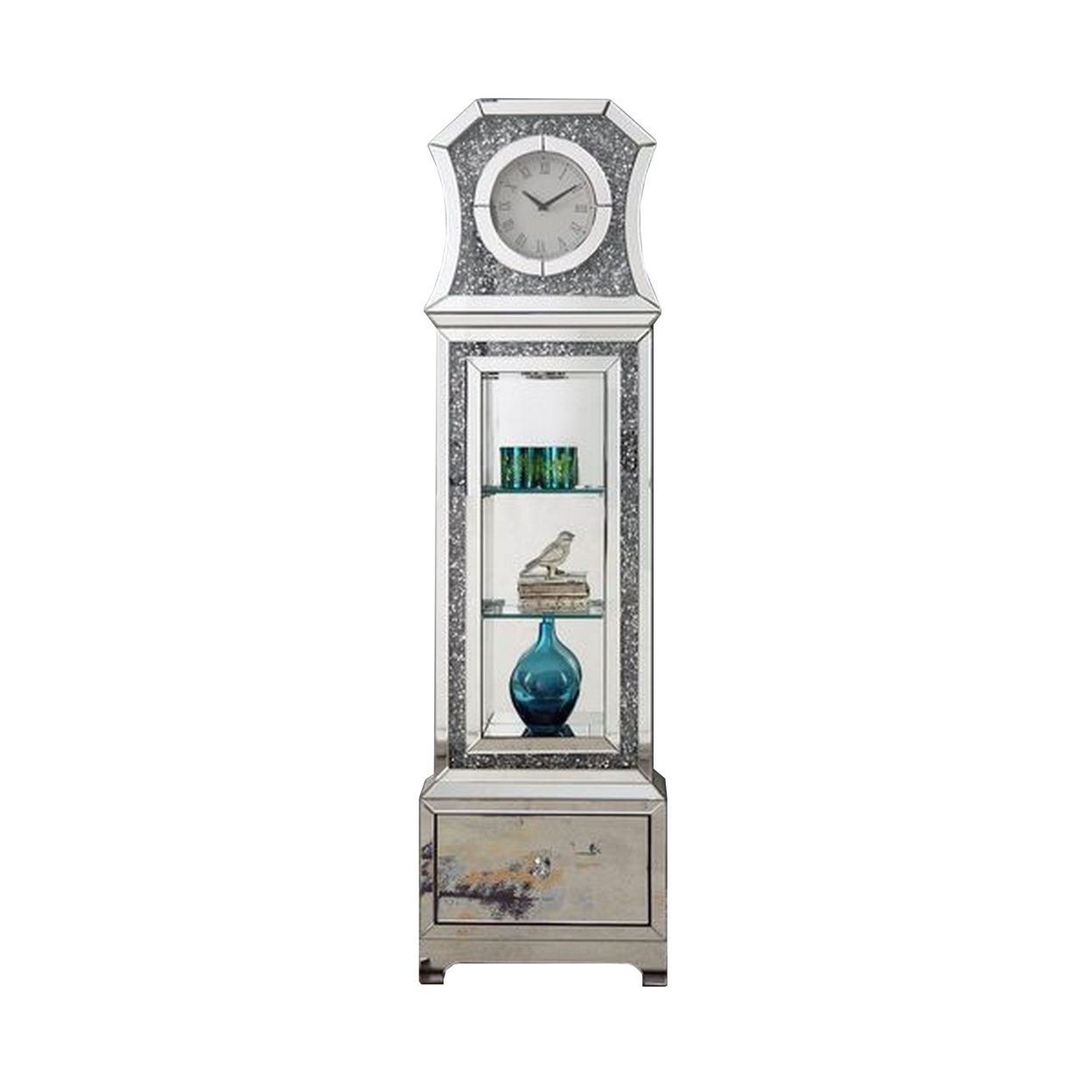 Grandfather Clock With Mirror Framing And Faux Diamonds, Silver- Saltoro Sherpi