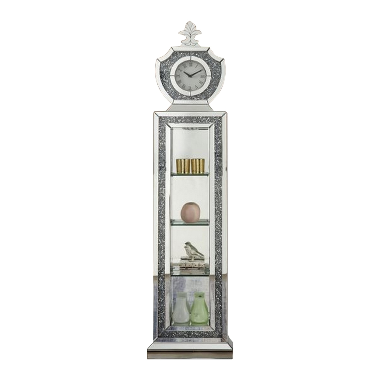 63 Inch Grandfather Clock, 4 Compartments, Crown Top, Mirror Frame, Chrome, Gray