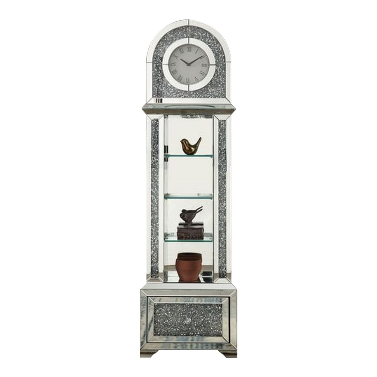 Grandfather Clock With 1 Drawer And Mirror Frame, Silver- Saltoro Sherpi