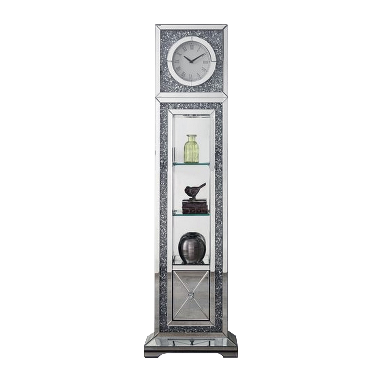 Mirrored Grandfather Clock With 1 Drawer And Faux Diamonds, Silver- Saltoro Sherpi