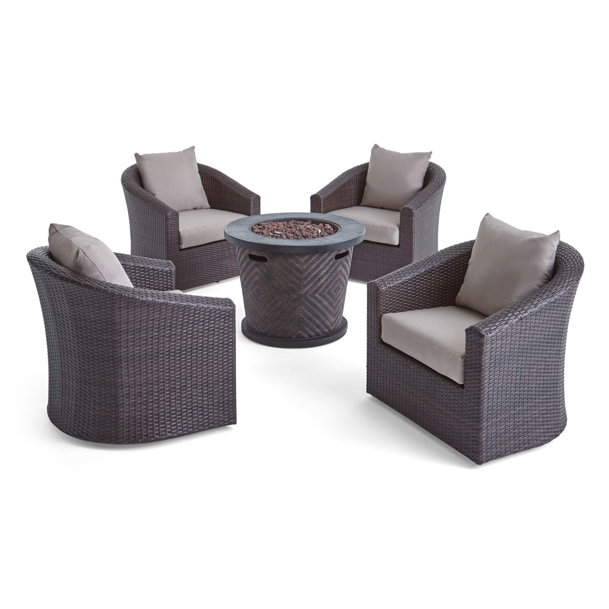 Liyam Outdoor 4 Piece Wicker Swivel Chair Set With Fire Pit, Multi Brown And Brown