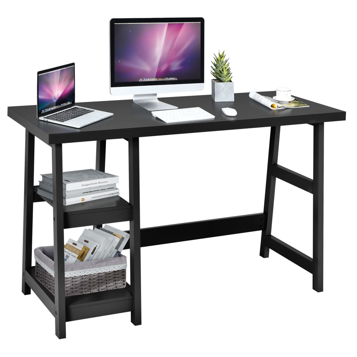47.5'' Computer Desk Trestle Desk Workstation Study Desk W/ Storage Shelf - Black