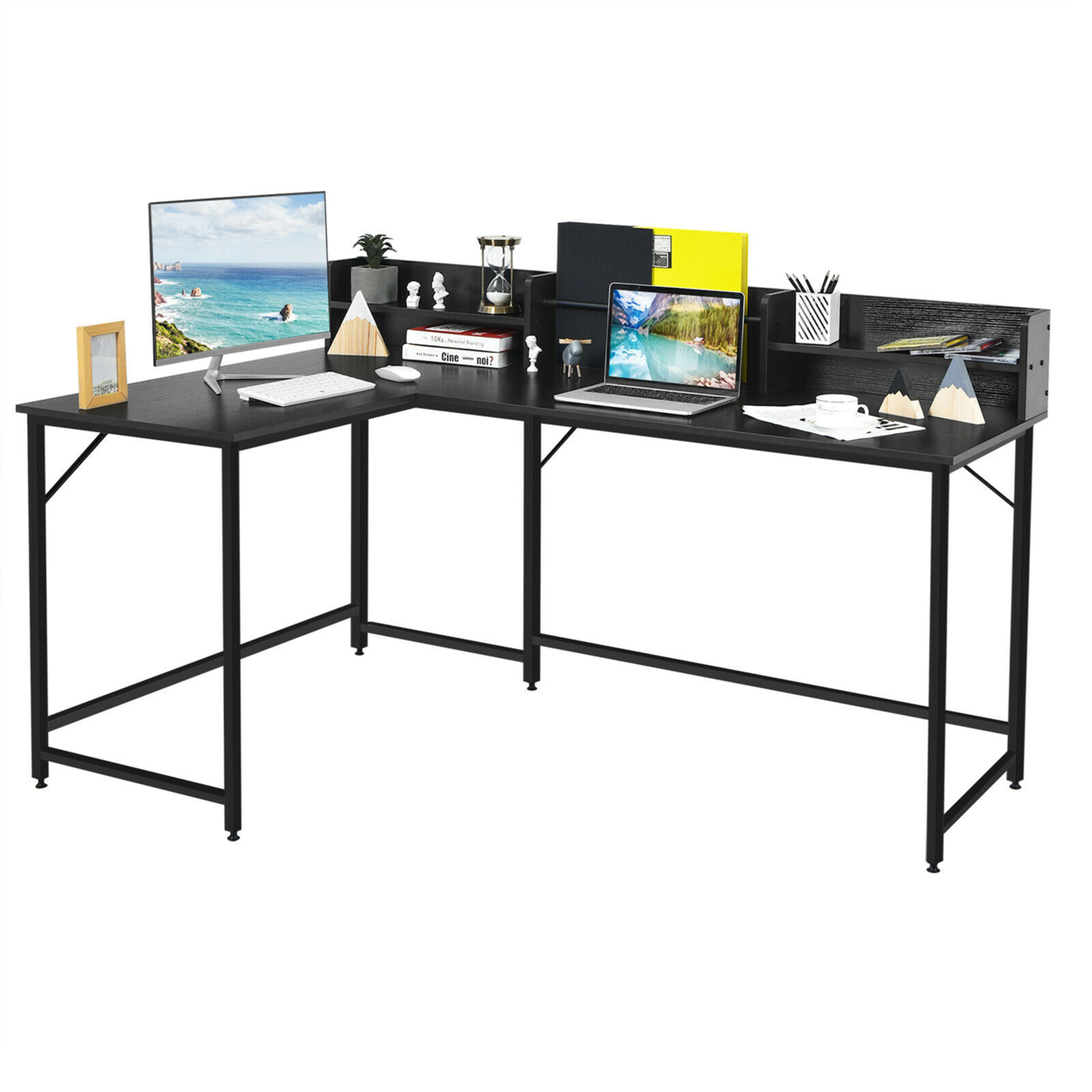 65.5'' L-shaped Computer Desk Home Office Corner Table W/Bookshelf - Black