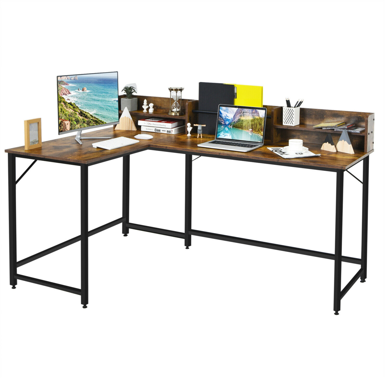 65.5'' L-shaped Computer Desk Home Office Corner Table W/Bookshelf - Rustic Brown