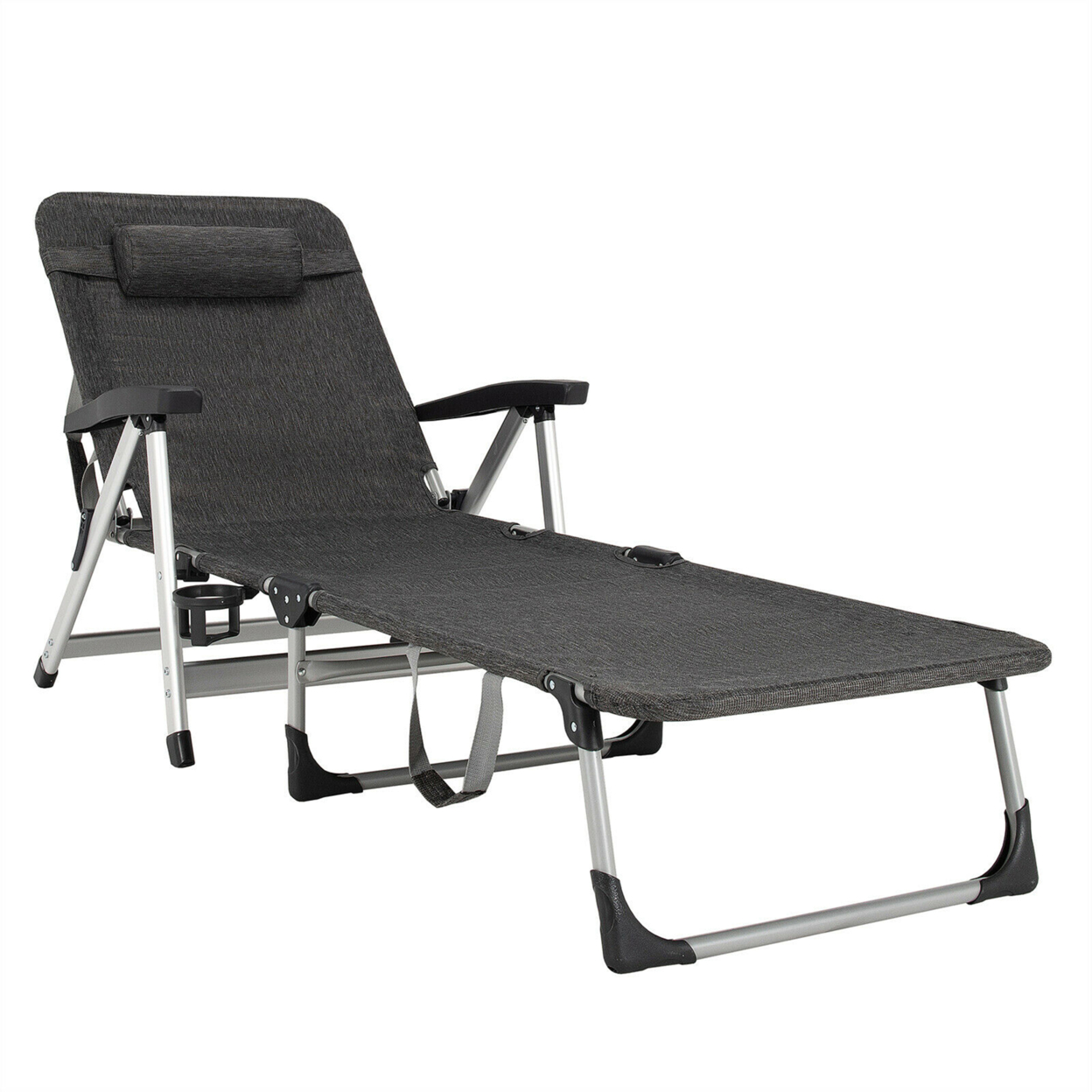 Beach Chaise Lounge Chair Patio Folding Recliner W/ 7 Adjustable Positions - Grey