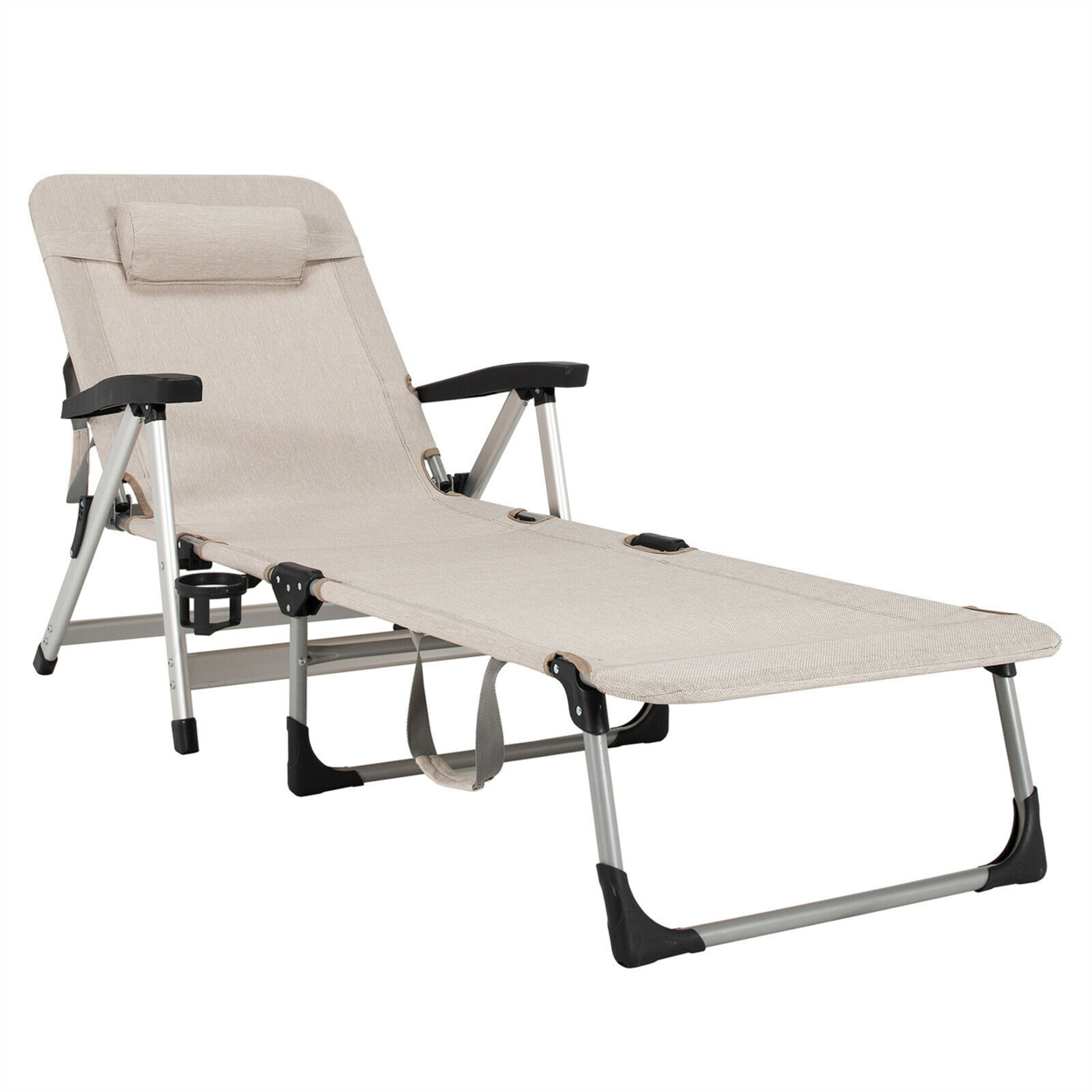 Beach Chaise Lounge Chair Patio Folding Recliner W/ 7 Adjustable Positions - Beige
