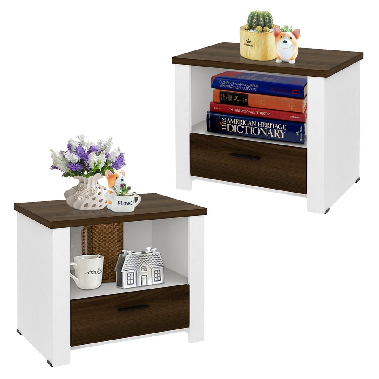 2PCS Accent Nightstand Drawer And Open Shelf Sofa End Table Bedroom Living Room