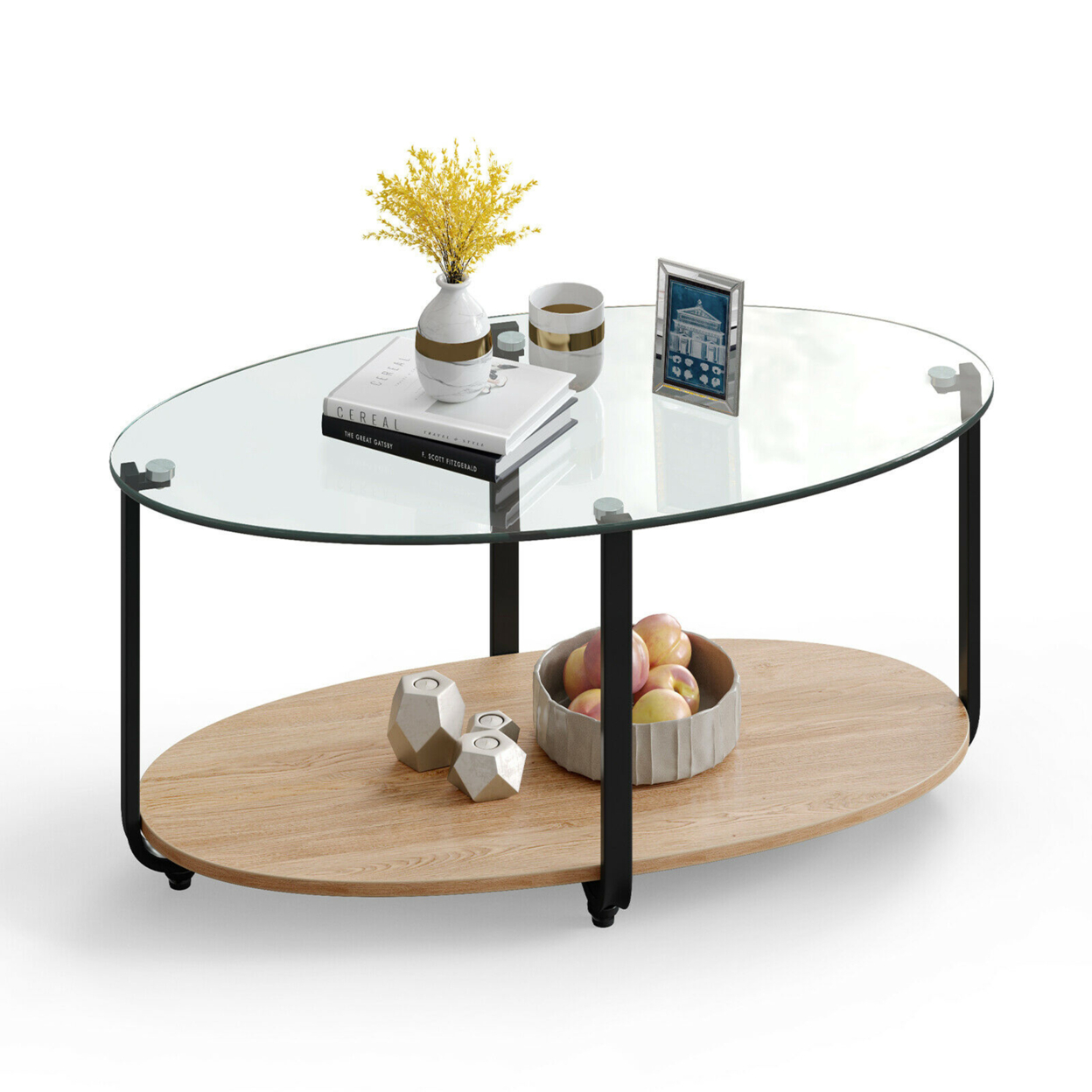 Glass-Top Coffee Table 2-Tier Modern Oval Side Sofa Table W/ Storage Shelf
