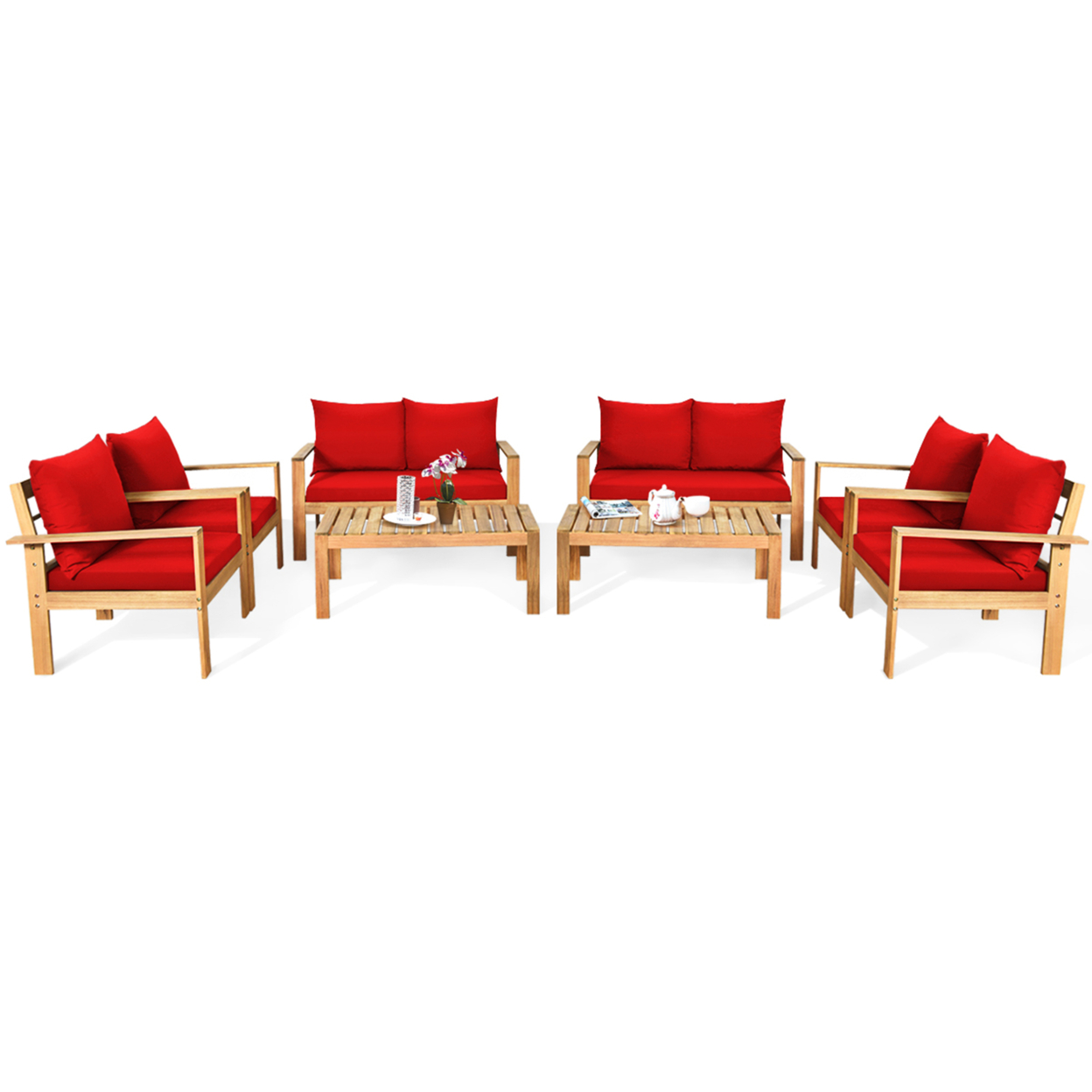 8PCS Patio Acacia Wood Conversation Furniture Set W/ Red Cushions