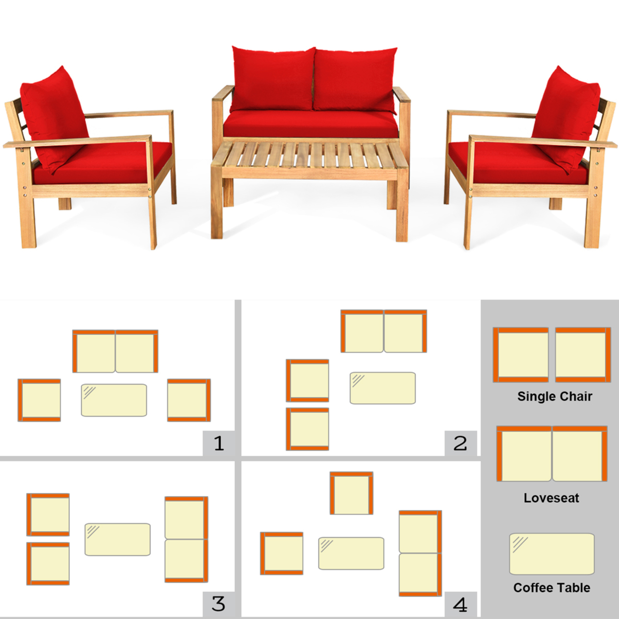 4PCS Patio Acacia Wood Conversation Furniture Set W/ Red Cushions