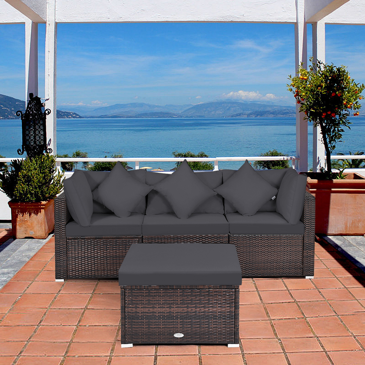 4PCS Rattan Patio Conversation Furniture Set Yard Outdoor W/ Grey Cushion