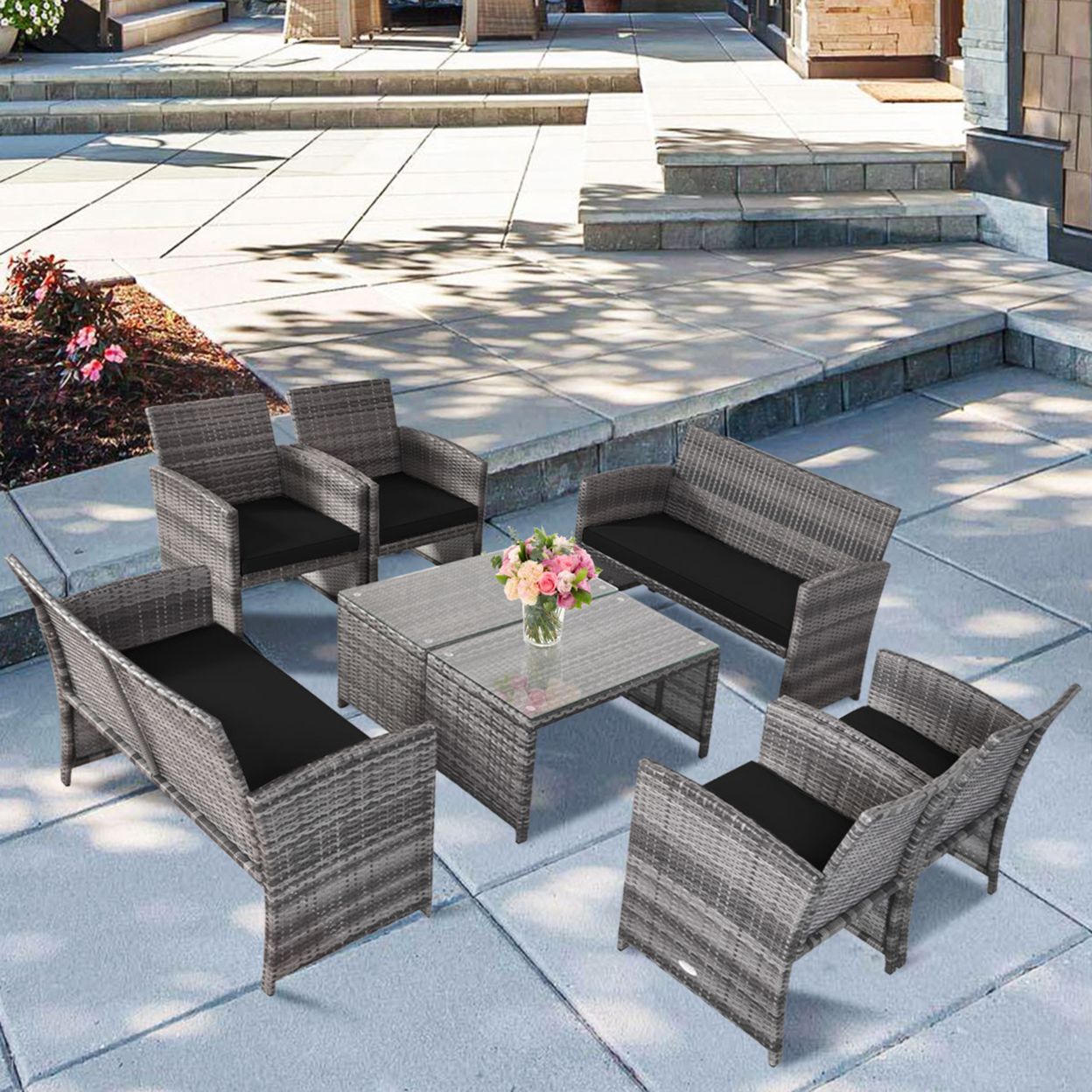 8PCS Patio Outdoor Rattan Conversation Furniture Set W/ Black Cushion