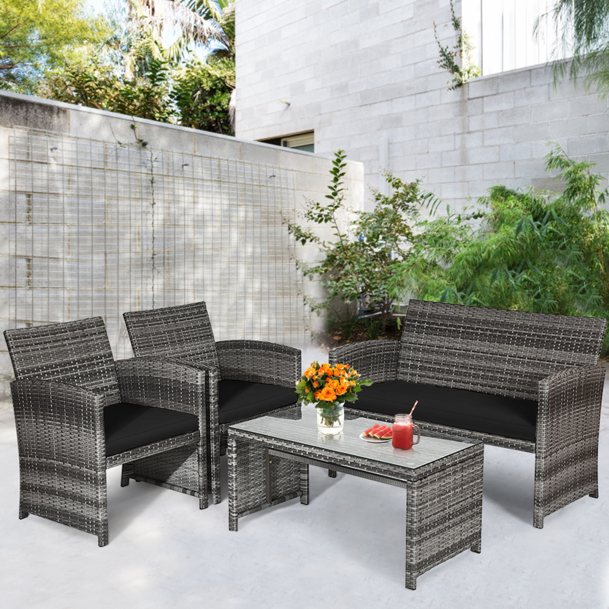 8PCS Patio Outdoor Rattan Conversation Furniture Set W/ Black Cushion
