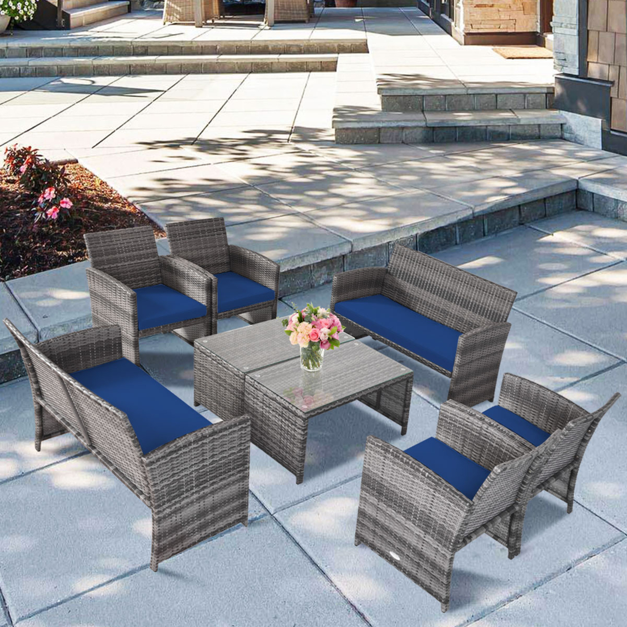 8PCS Patio Outdoor Rattan Conversation Furniture Set W/ Navy Cushion