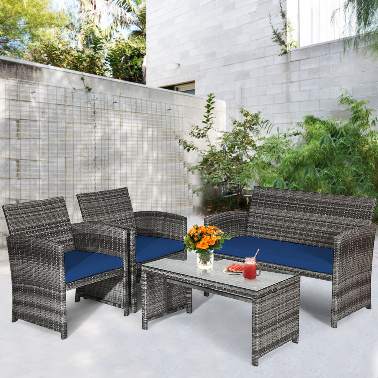 8PCS Patio Outdoor Rattan Conversation Furniture Set W/ Navy Cushion