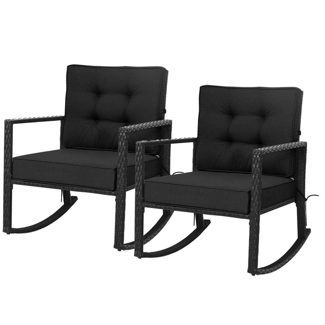 2PCS Outdoor Wicker Rocking Chair Patio Rattan Single Chair Glider W/ Black Cushion