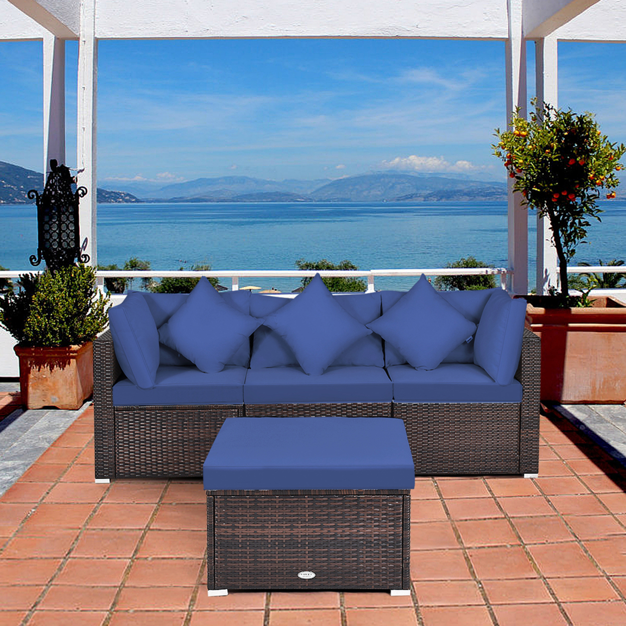 4PCS Rattan Patio Conversation Furniture Set Yard Outdoor W/ Navy Cushion