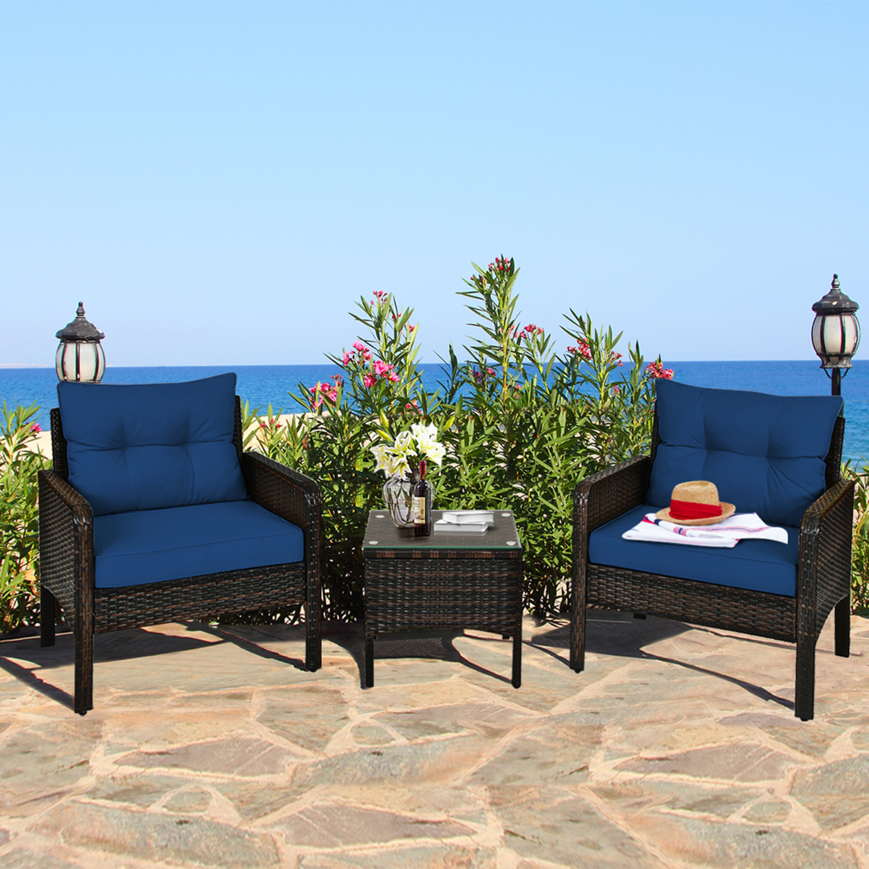 3PCS Rattan Patio Conversation Furniture Set Yard Outdoor W/ Navy Cushions