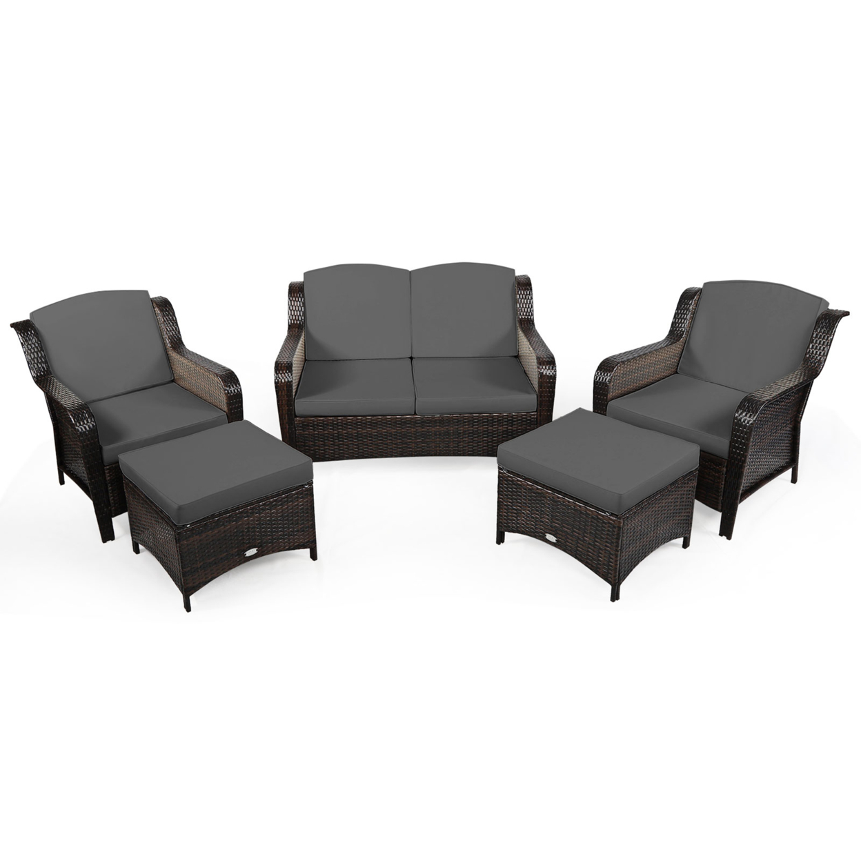 5PCS Rattan Patio Conversation Sofa Furniture Set Outdoor W/ Grey Cushions