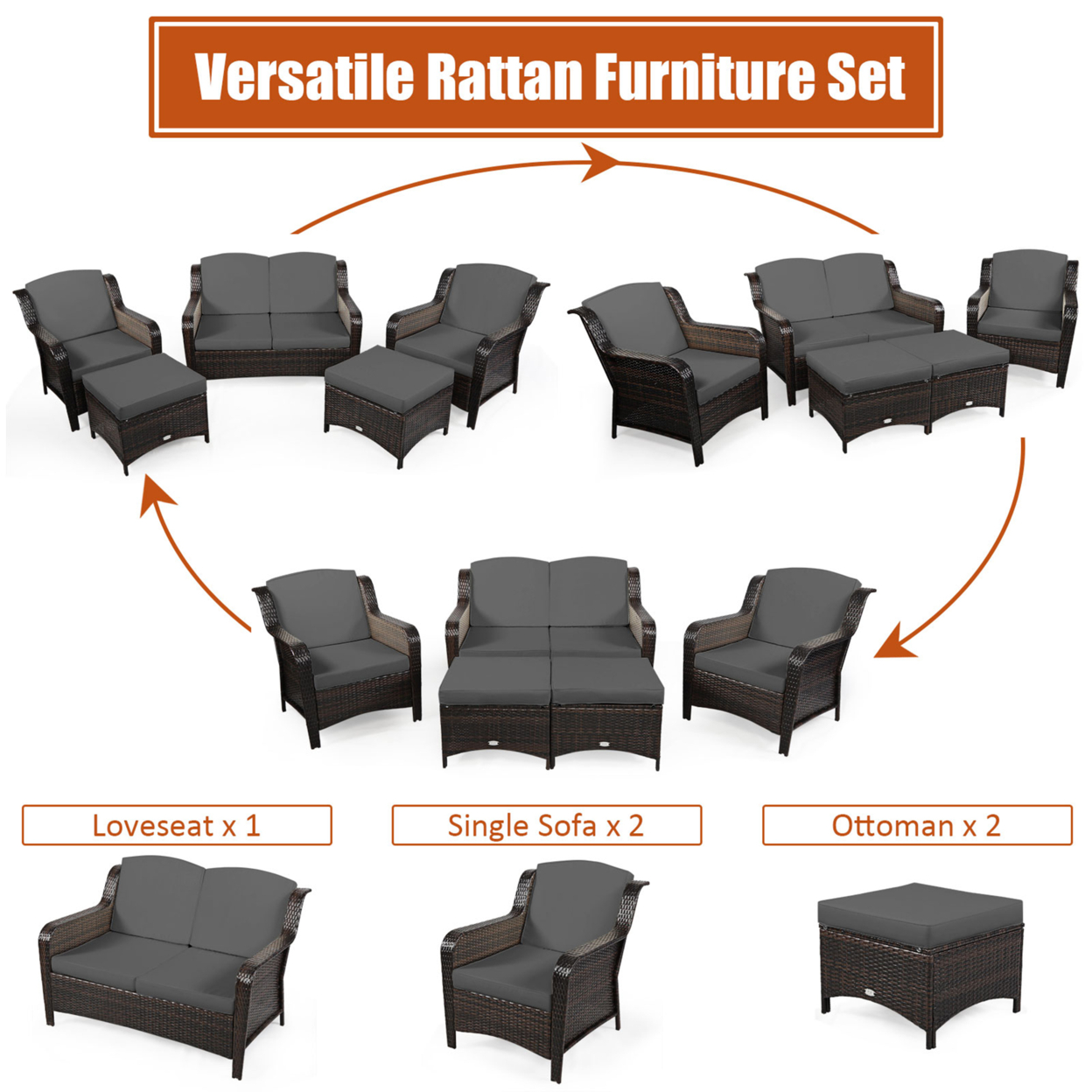 5PCS Rattan Patio Conversation Sofa Furniture Set Outdoor W/ Grey Cushions