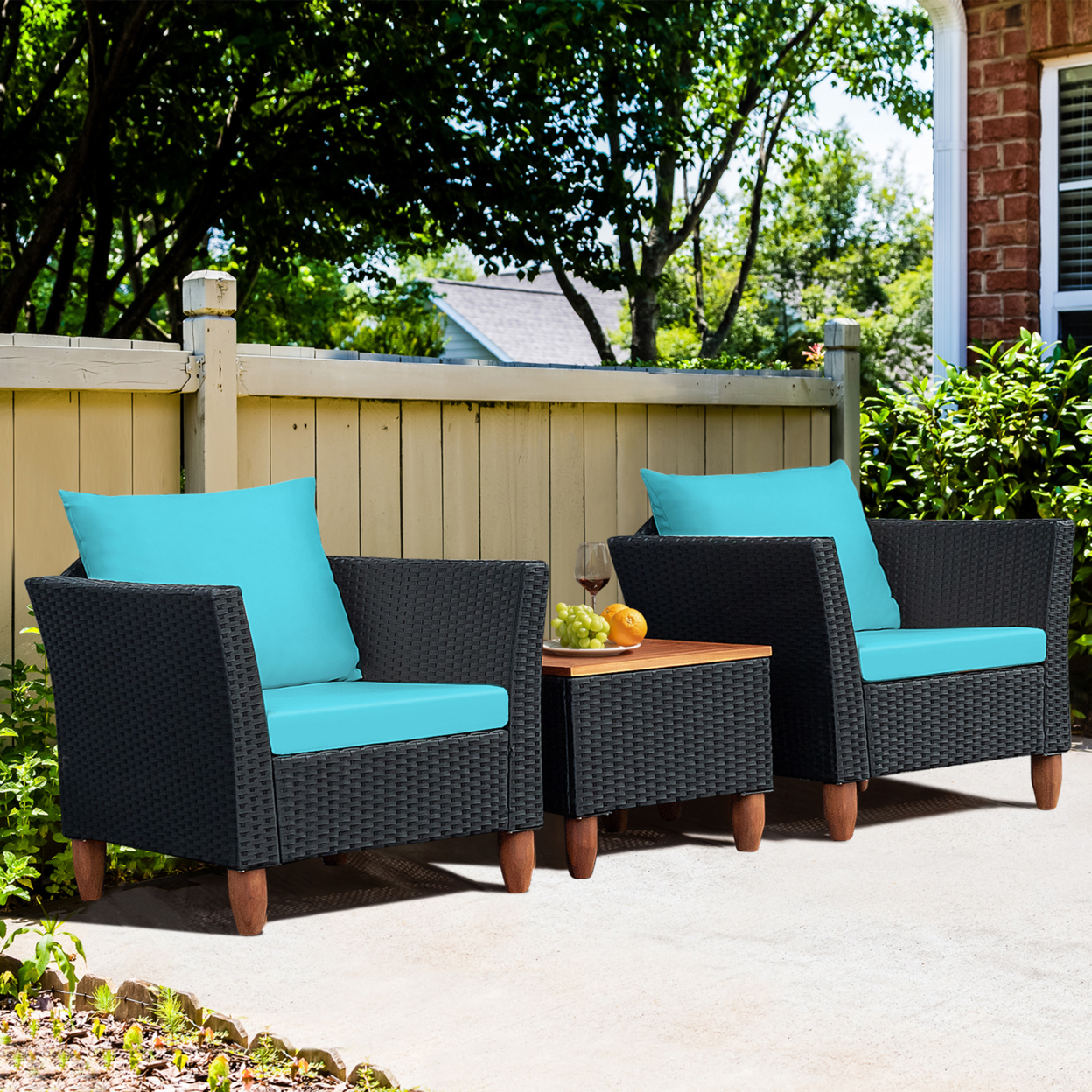 3PCS Patio Rattan Conversation Furniture Set Yard Outdoor W/ Turquoise Cushions
