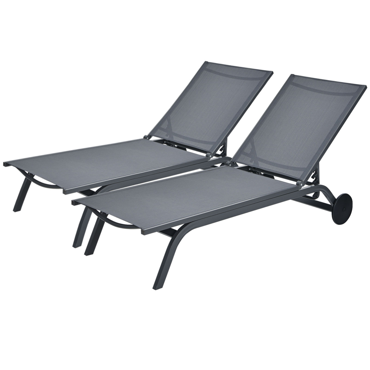 Set Of 2 Patio Chaise Lounge Chair Aluminum Adjustable Recliner W/ Wheels Grey