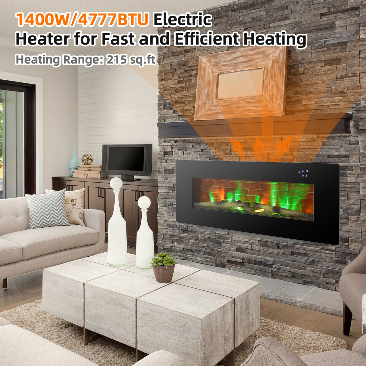42'' Electric Fireplace Wall Mounted & Freestanding Heater Remote Control 1500W