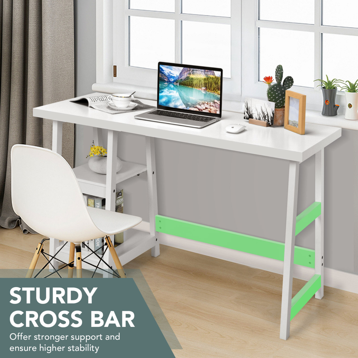 47.5'' Computer Desk Trestle Desk Workstation Study Desk W/ Storage Shelf - Grey