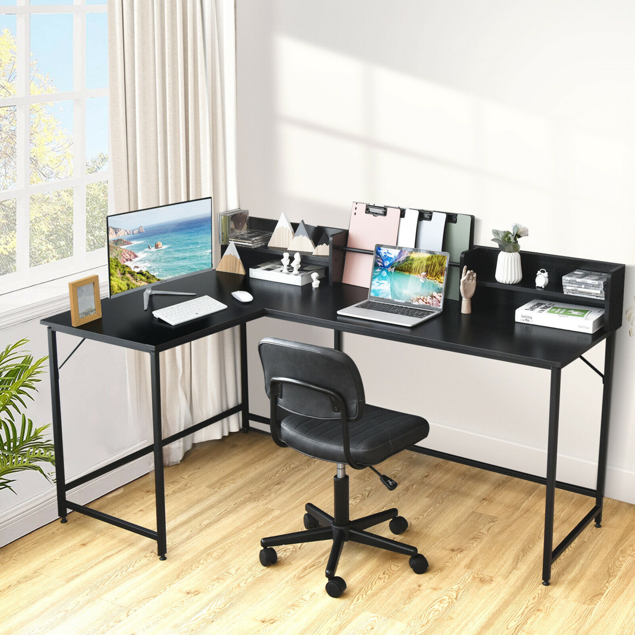 65.5'' L-shaped Computer Desk Home Office Corner Table W/Bookshelf - Rustic Brown