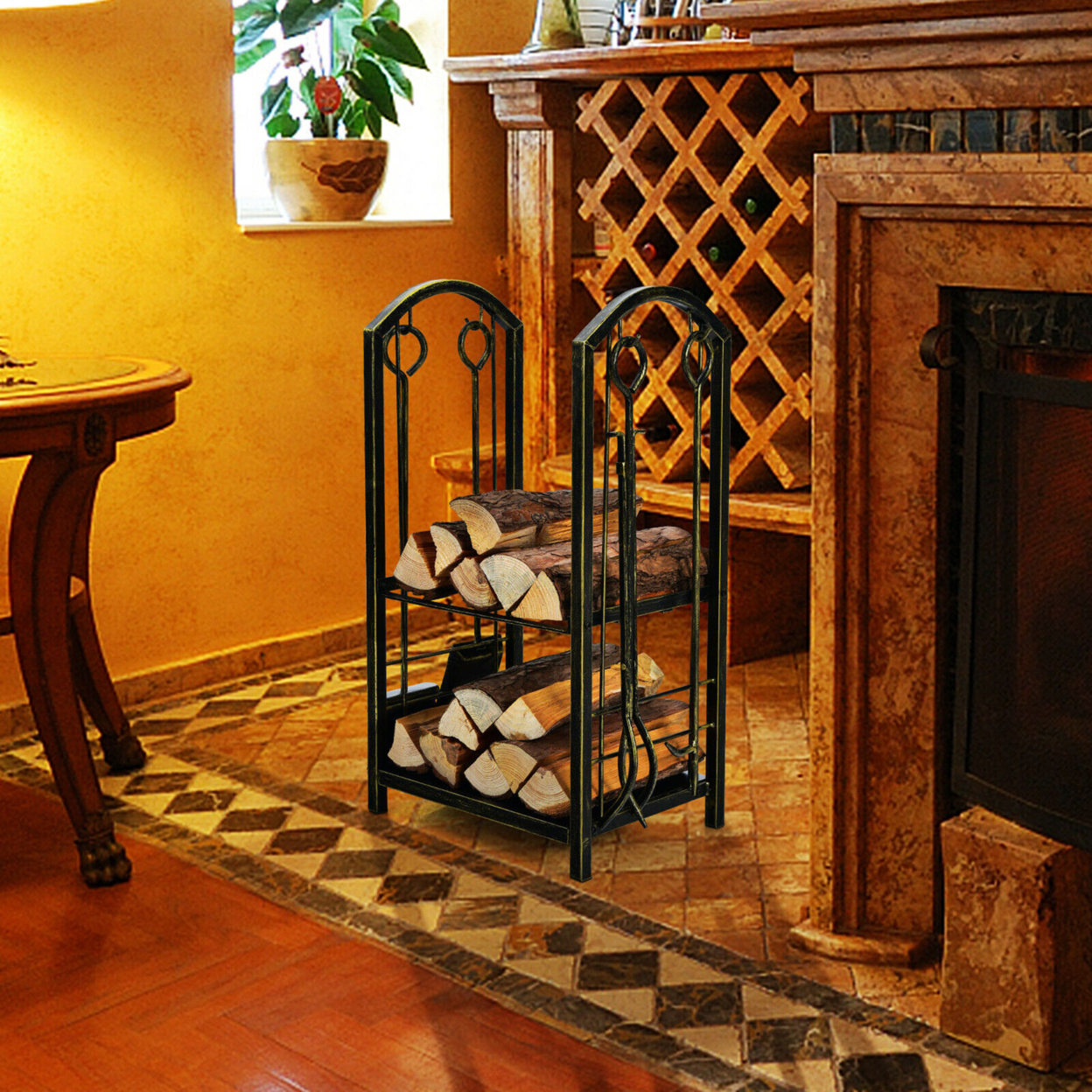 Fireplace Log Rack With 4 Tools Set Fireside Firewood Holders Indoor Bronze