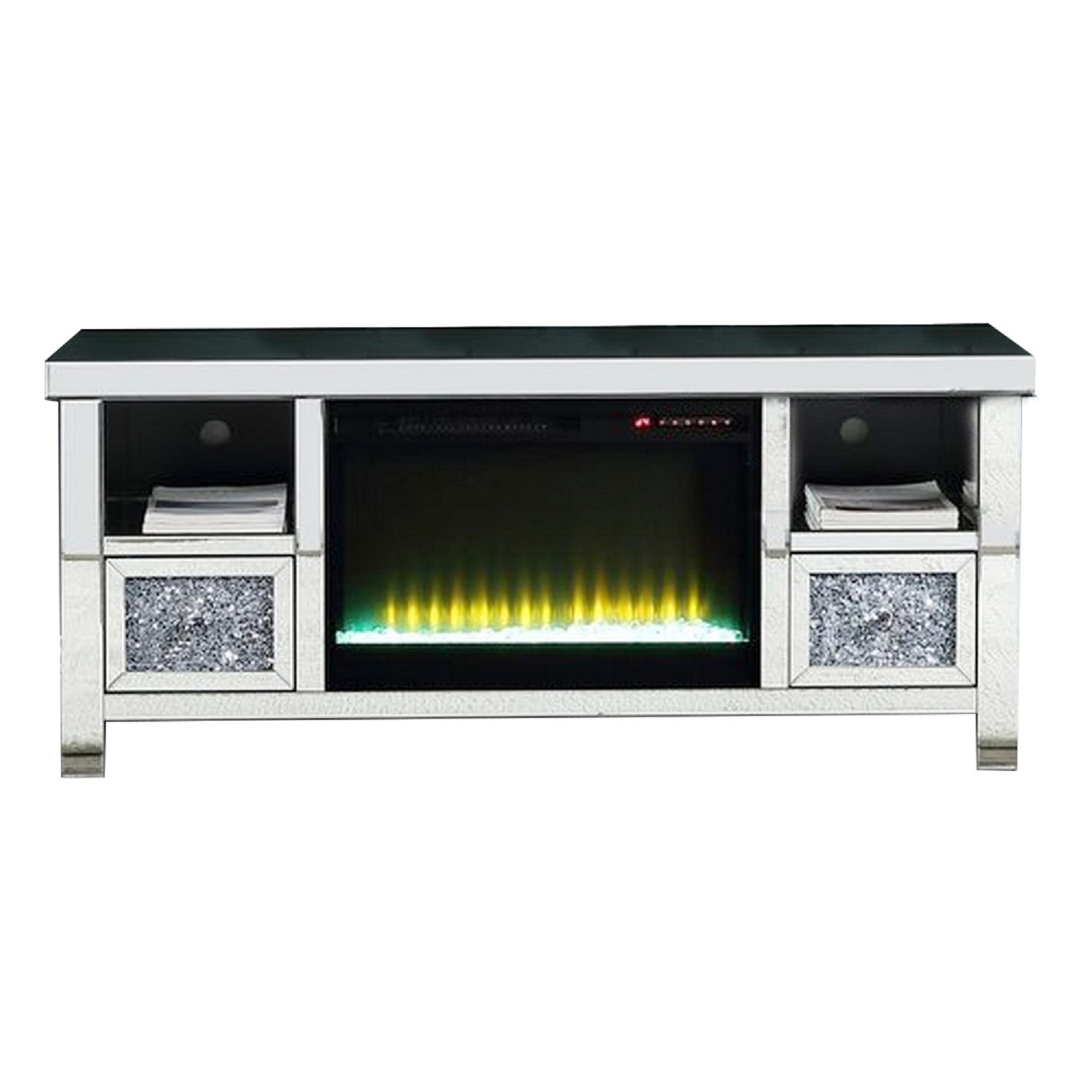 TV Stand With Fireplace And Faux Diamonds, Silver And Black- Saltoro Sherpi