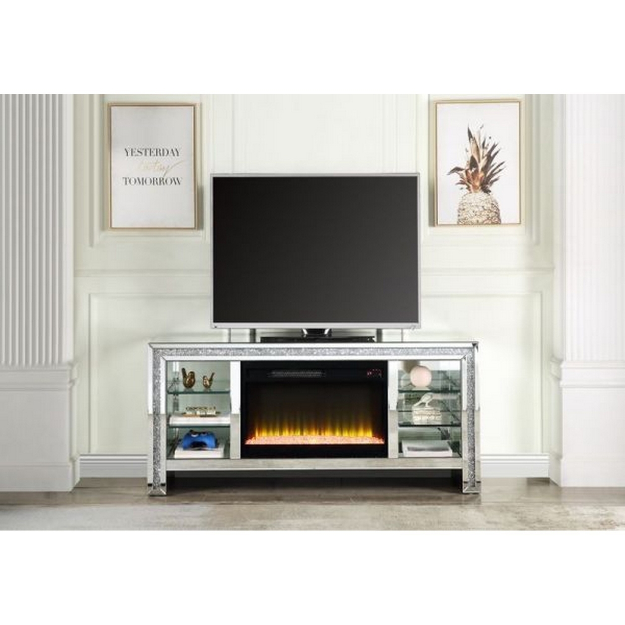TV Stand With Fireplace And Three Shelves, Silver And Black- Saltoro Sherpi