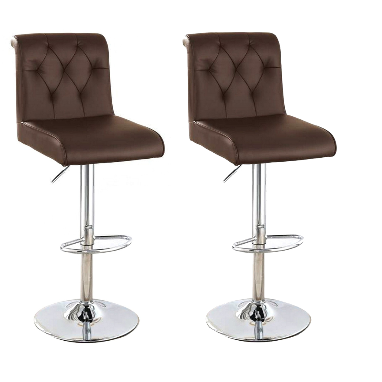 Adjustable Barstool With Rolled Button Tufted Back, Set Of 2, Brown- Saltoro Sherpi