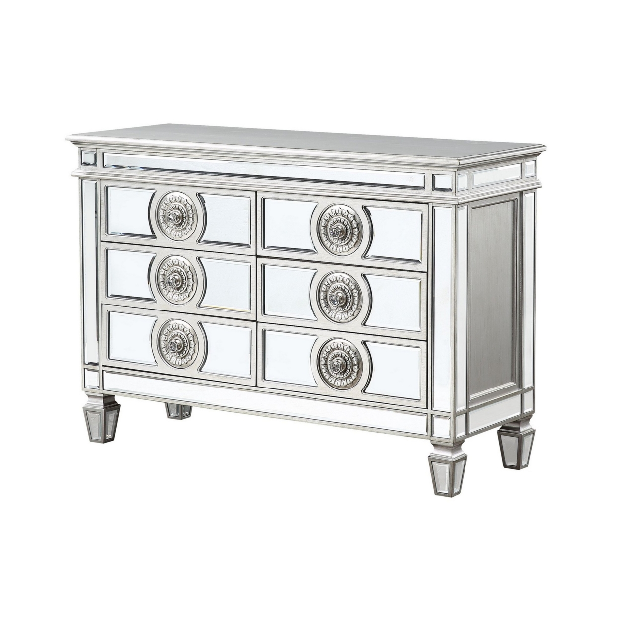Server With 6 Mirrored Drawers And Medallion Front, Silver- Saltoro Sherpi