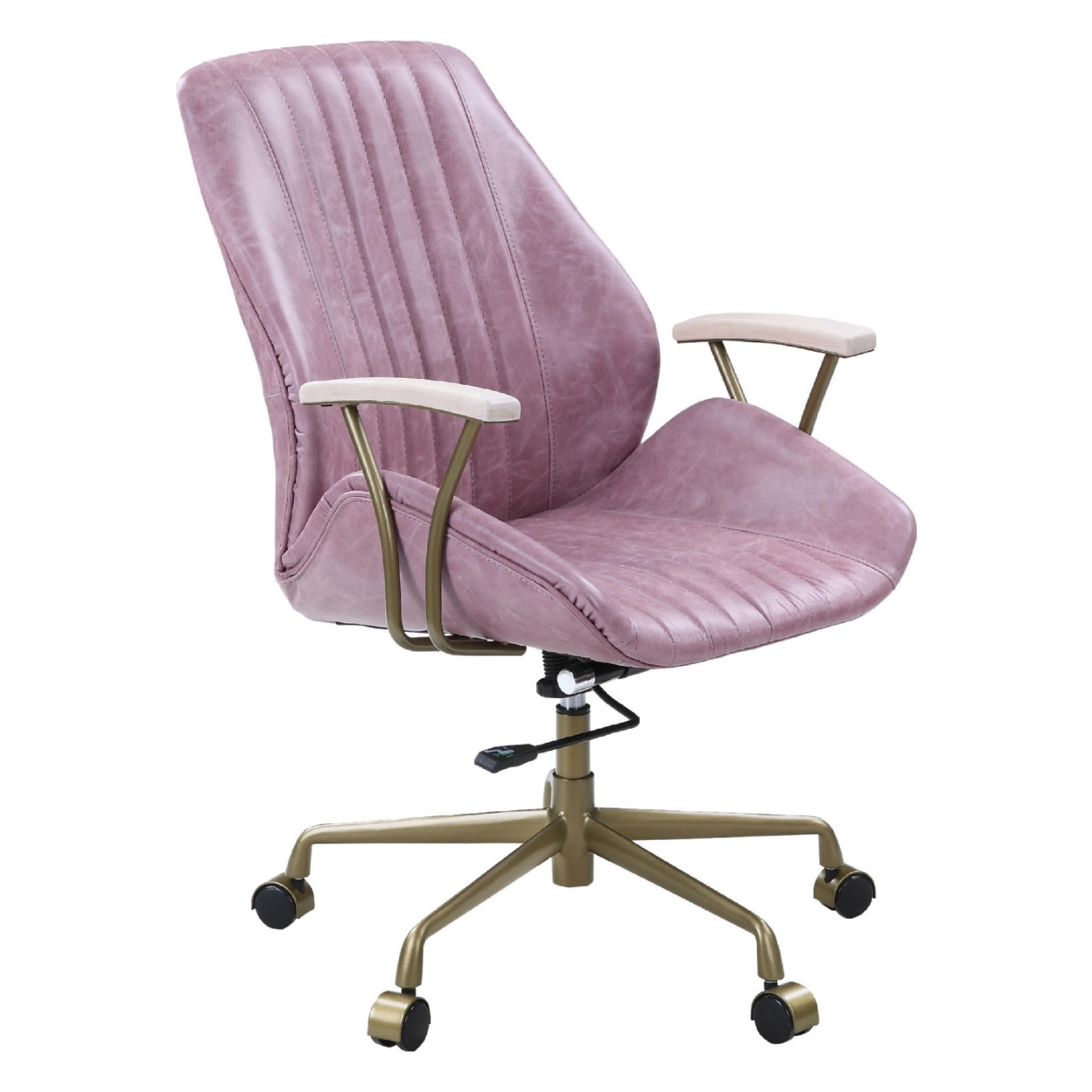 Office Chair With Leather Seat And Channel Stitching, Pink- Saltoro Sherpi