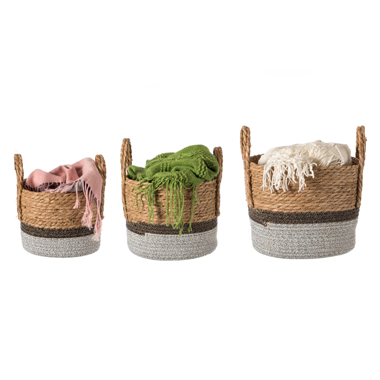 Straw Decorative Round Storage Basket Set Of 3 With Woven Handles For The Playroom, Bedroom, And Living Room