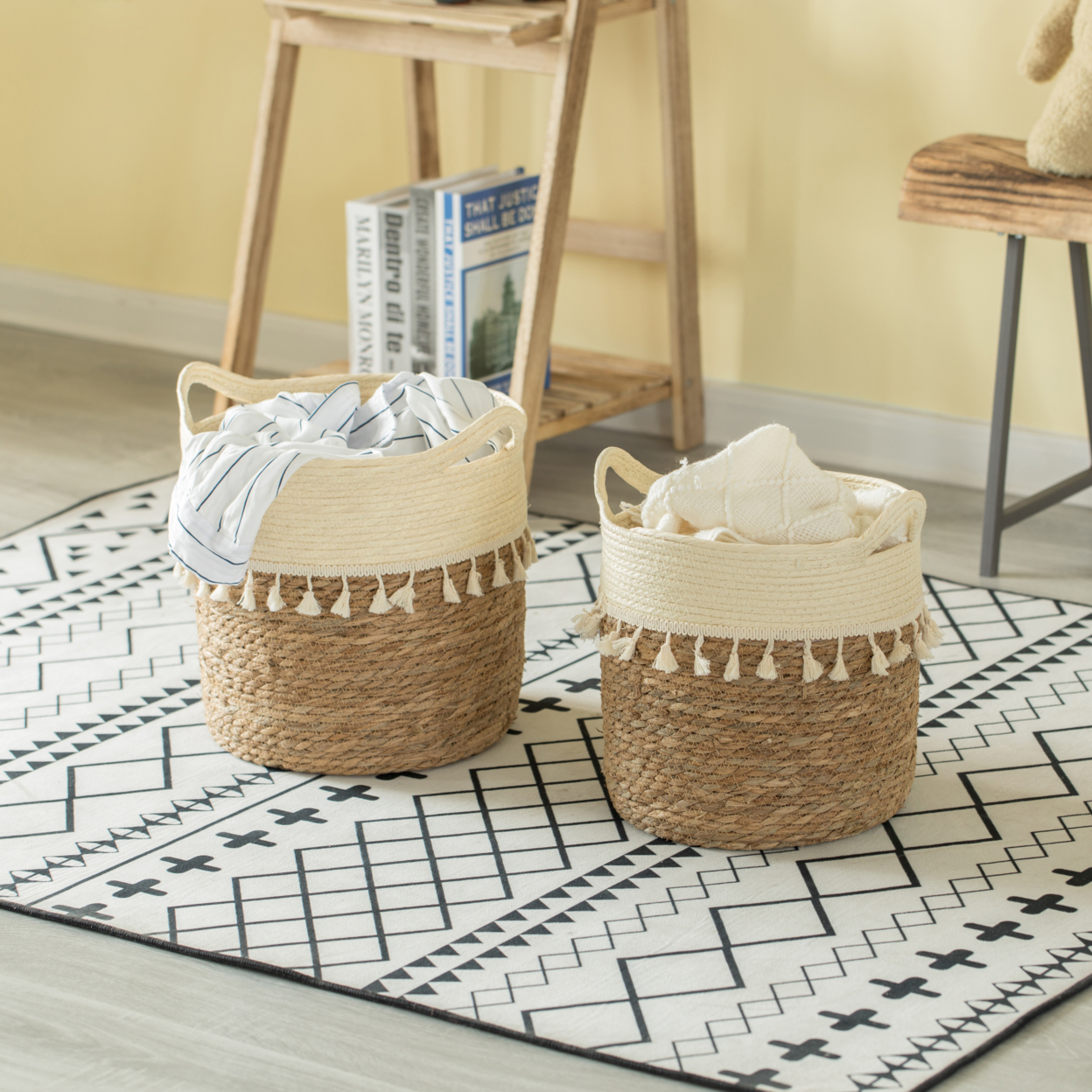Decorative Round Storage Basket Set Of 2 With Woven Handles For The Playroom, Bedroom, And Living Room